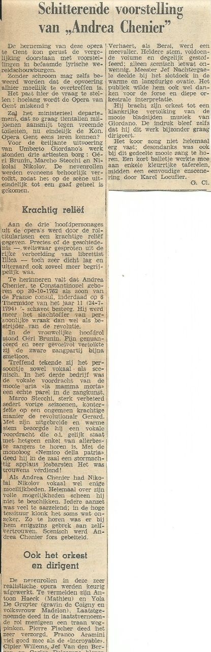 Een krantenknipsel met een recentie over de opera uitvoering aan de Koninklijke Opera van Gent op 2 november 1969
