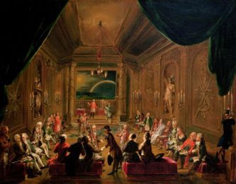 Een vrijmetselaarsceremonie 1784 met Mozart uiterst links.