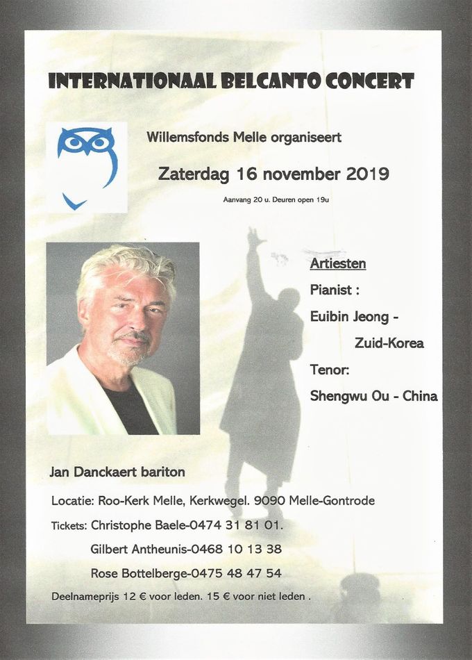 Affiche van het Internationaal Belcanto Concert ingericht door het Willemsfonds Melle op zaterdag 16 november 2019